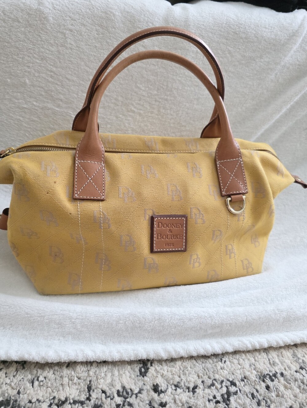Vintage Dooney & Bourke Canvas Monogram Duffle Satchel Leather Detailing Yellow